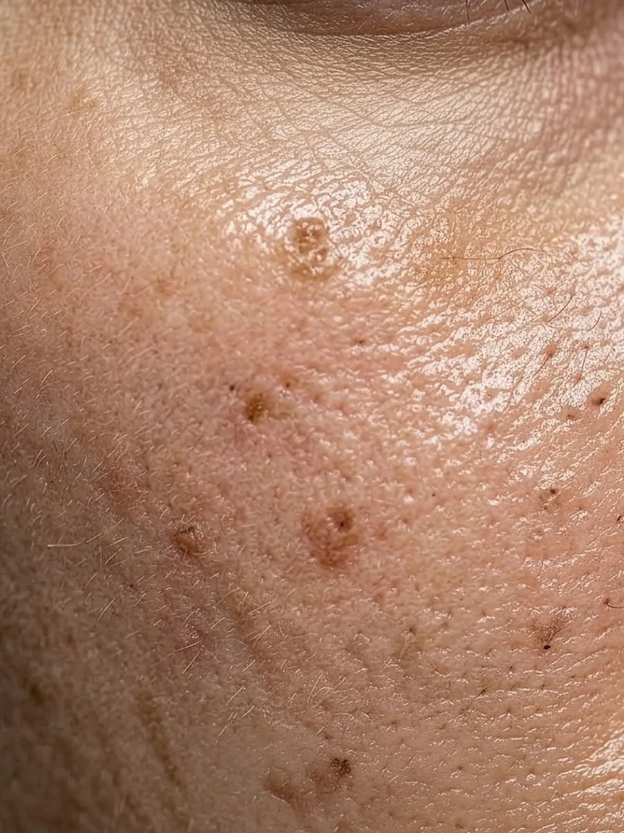 Close-up van een rijpere huid met zichtbare poriën en pigment