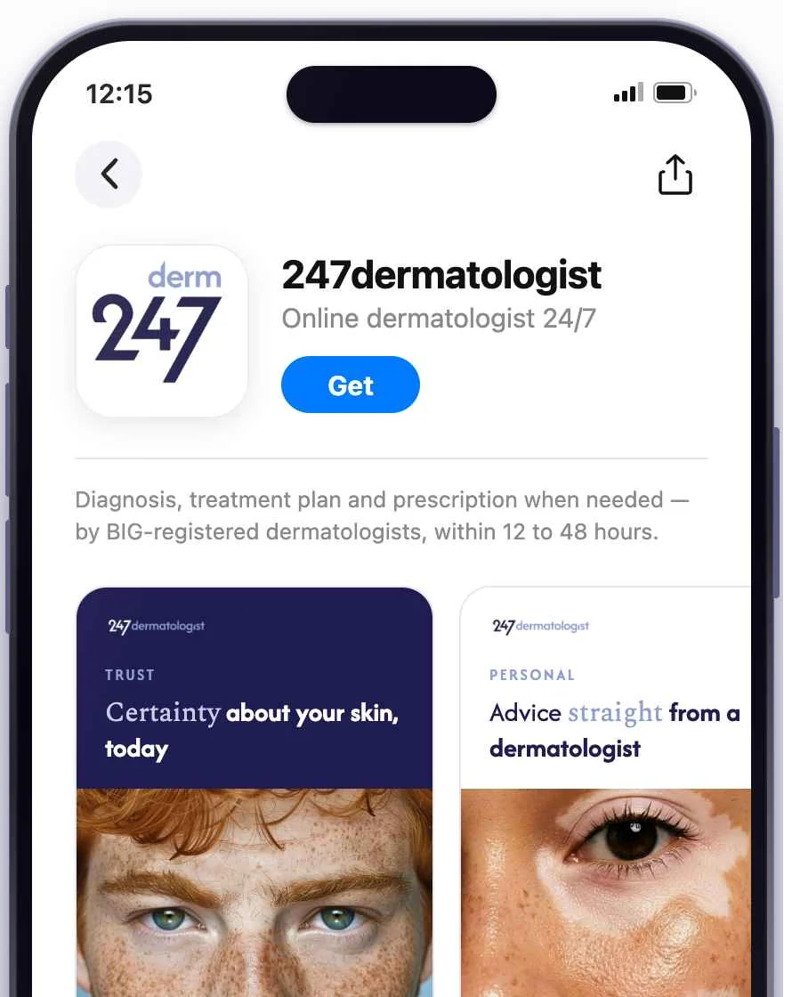The 247dermatologist app on the App Store, shown on an iPhone