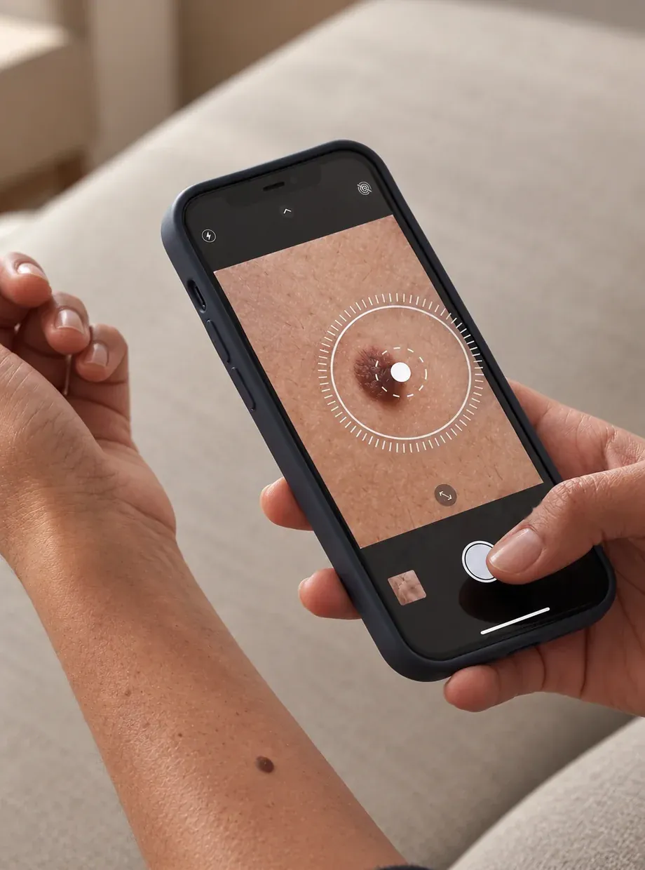 Iemand fotografeert thuis een moedervlek op de arm met de 247dermatologist-app, de marker staat op de huidplek