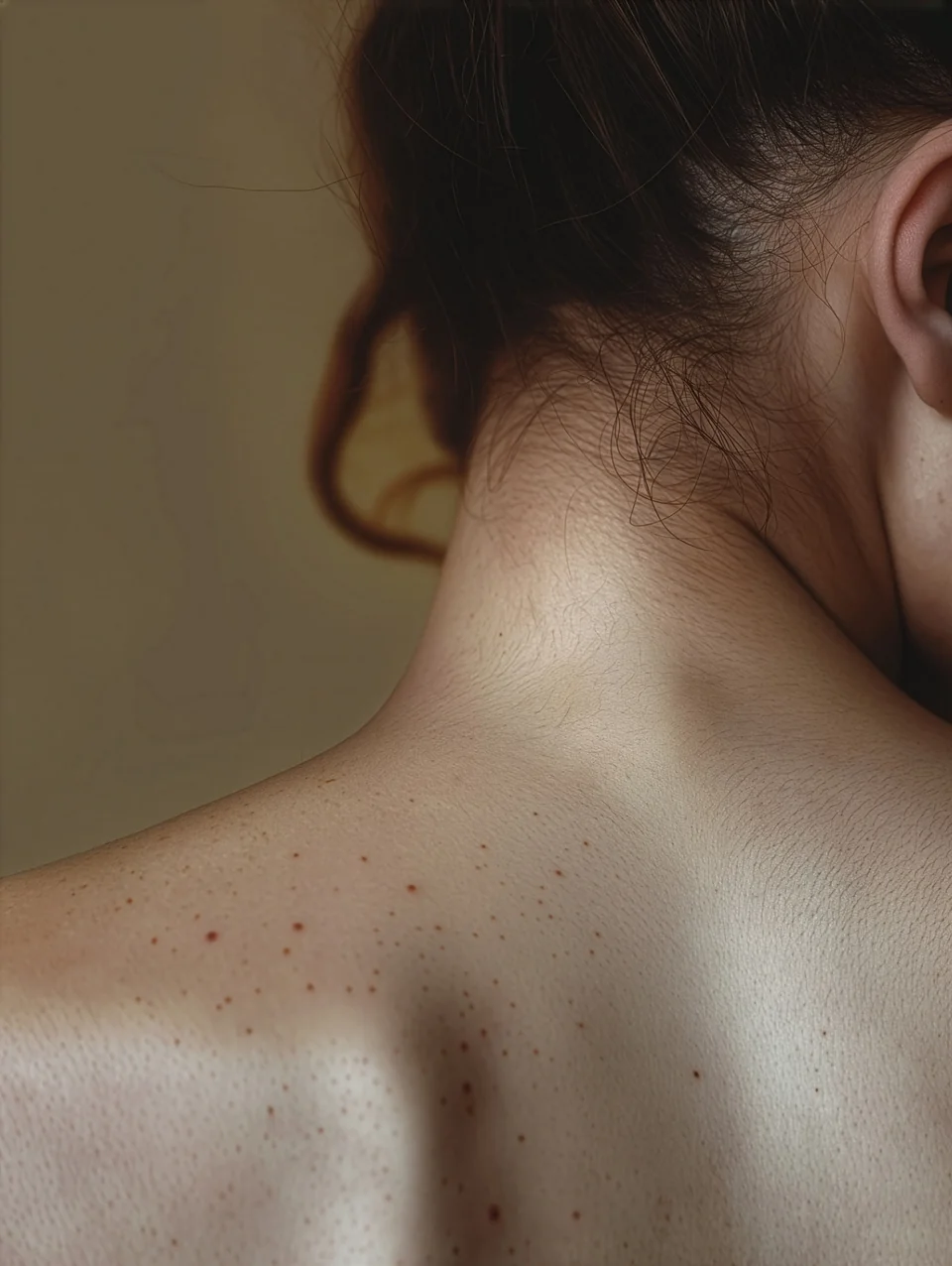 Neck and shoulder with moles, seen from behind