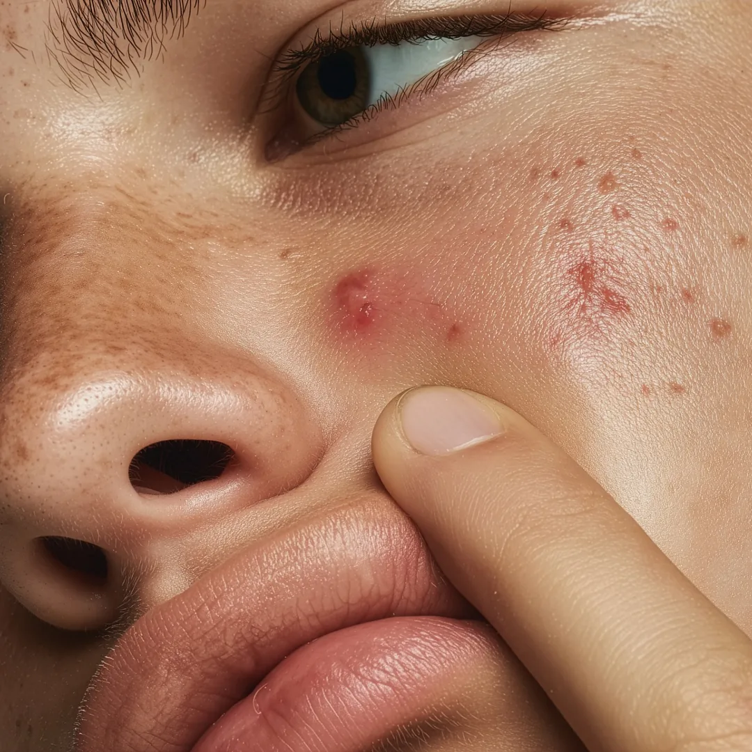 Close-up of a cheek with an inflamed pimple and small red spots