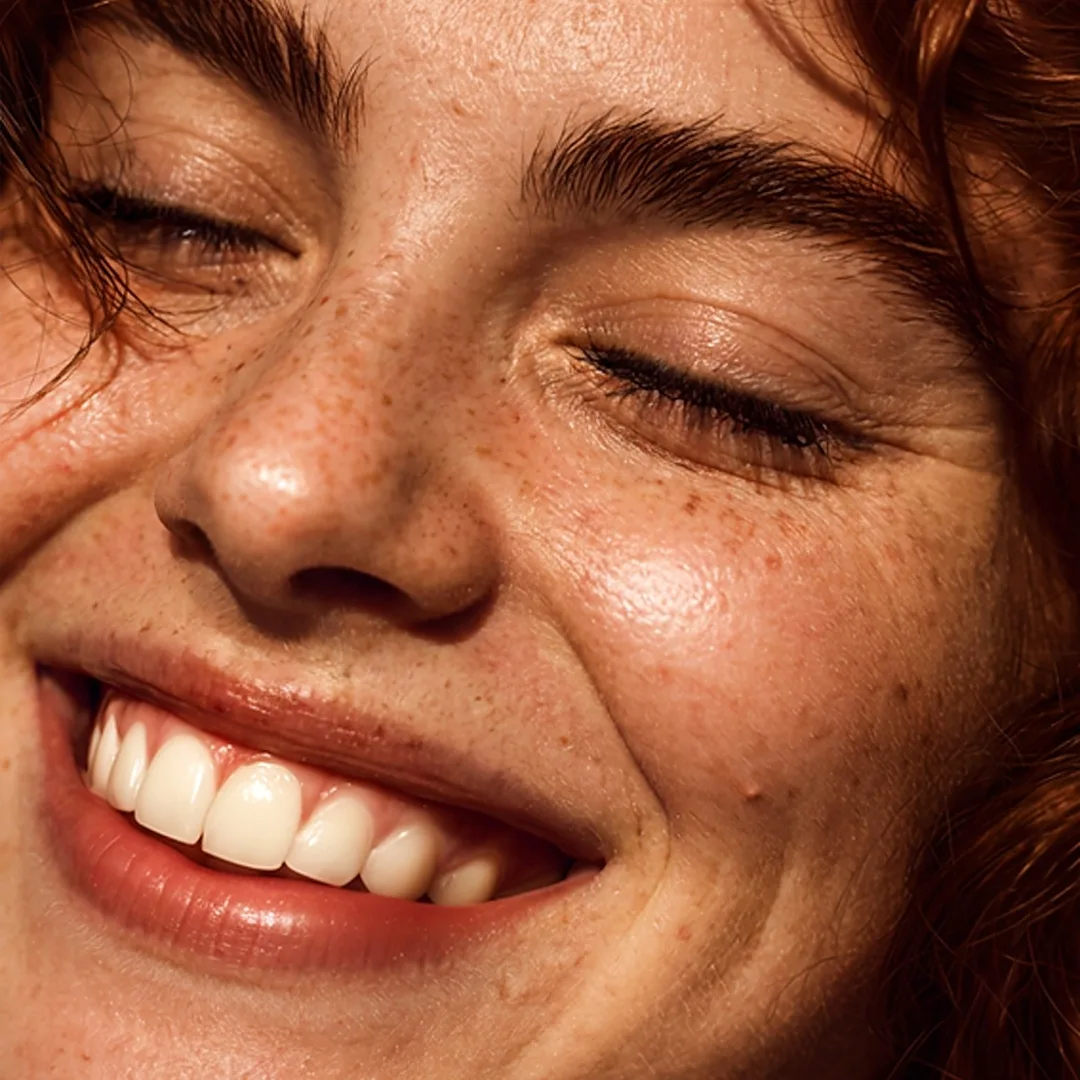 Smiling freckled face in warm light