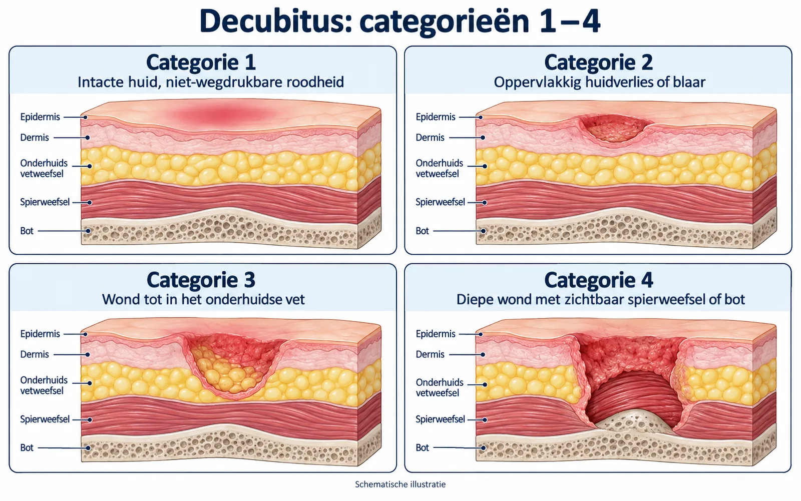 Decubitus in vier categorieën, schematische illustratie